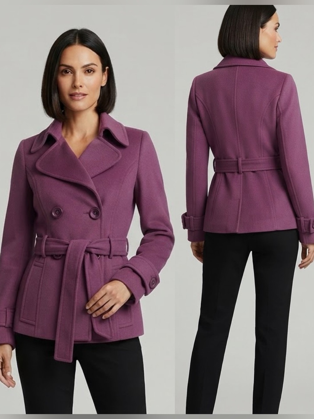 NWT WOMEN'S SHORT JACKET DOUBLE-BREASTED PEACOAT BELTED LINED‎ COAT